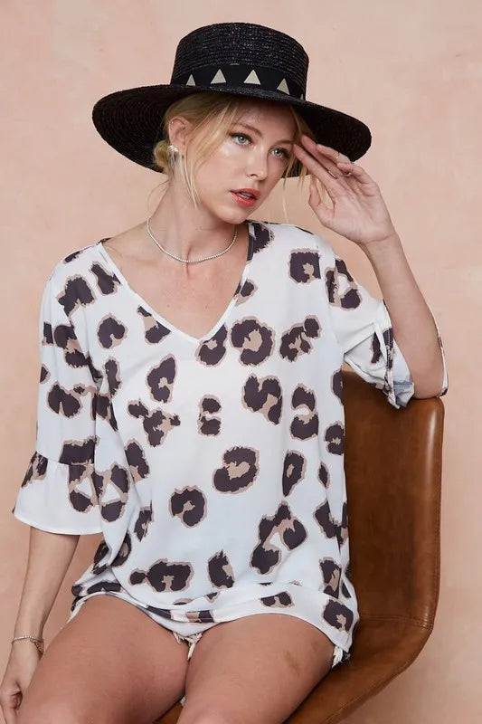 BiBi Leopard Printed V Neck Woven Top with Ruffled OutfitFlow