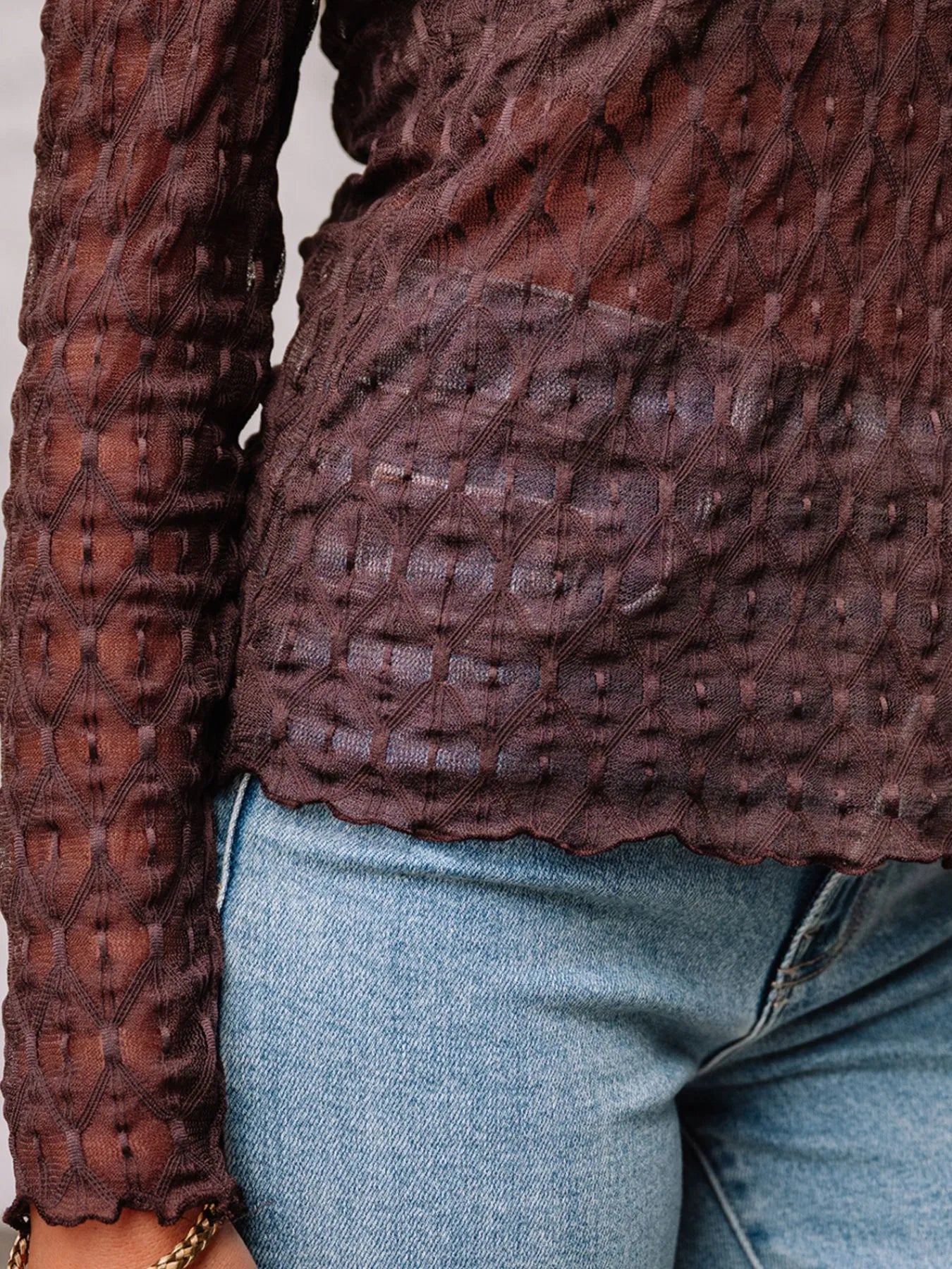 Sheer Mesh Patterned Lettuce Trim Slim Long Sleeve Top OutfitFlow