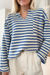 Stripe Chest Pocket Notched Top Peacock Blue OutfitFlow