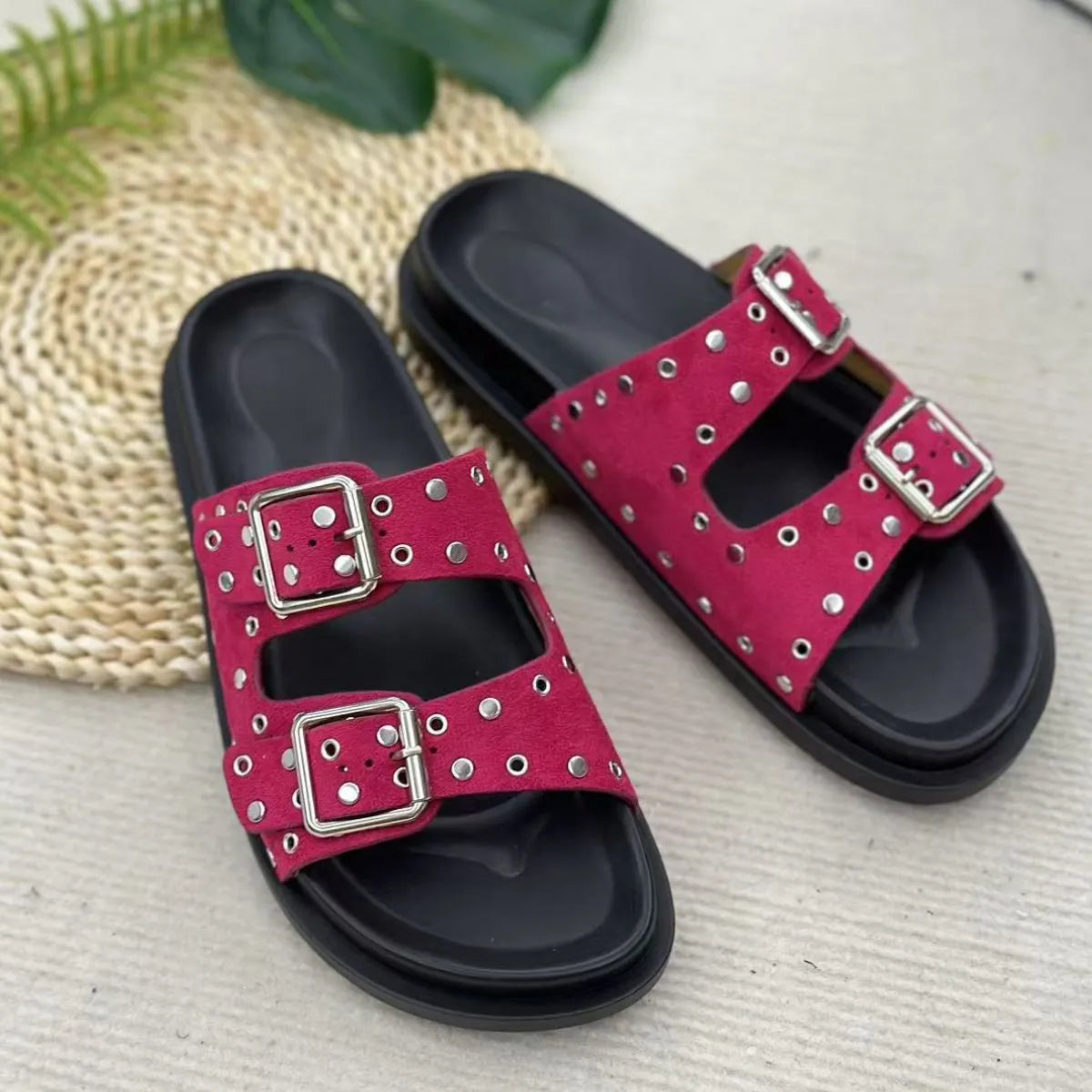 Double Buckle Open Toe Flat Sandals Red OutfitFlow