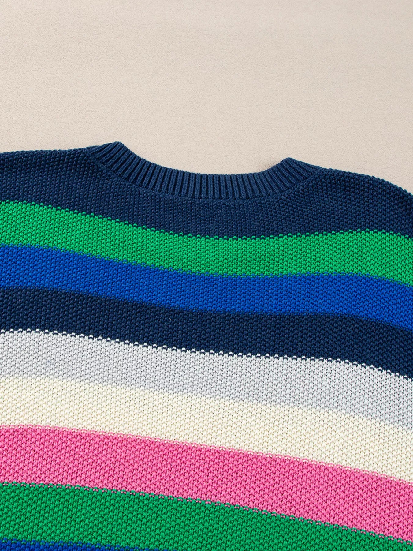 Rainbow Striped Crew Neck Drop Shoulder Sweater OutfitFlow