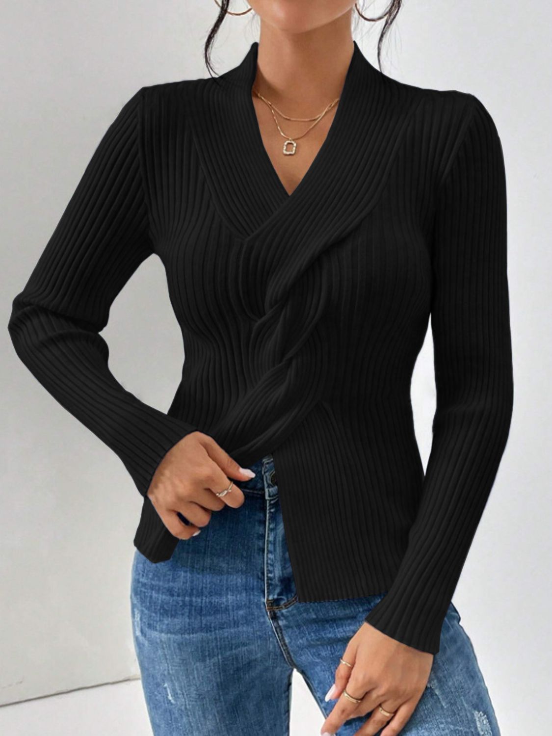 Outfit Flow - Twist Front Ribbed Long Sleeve Sweater