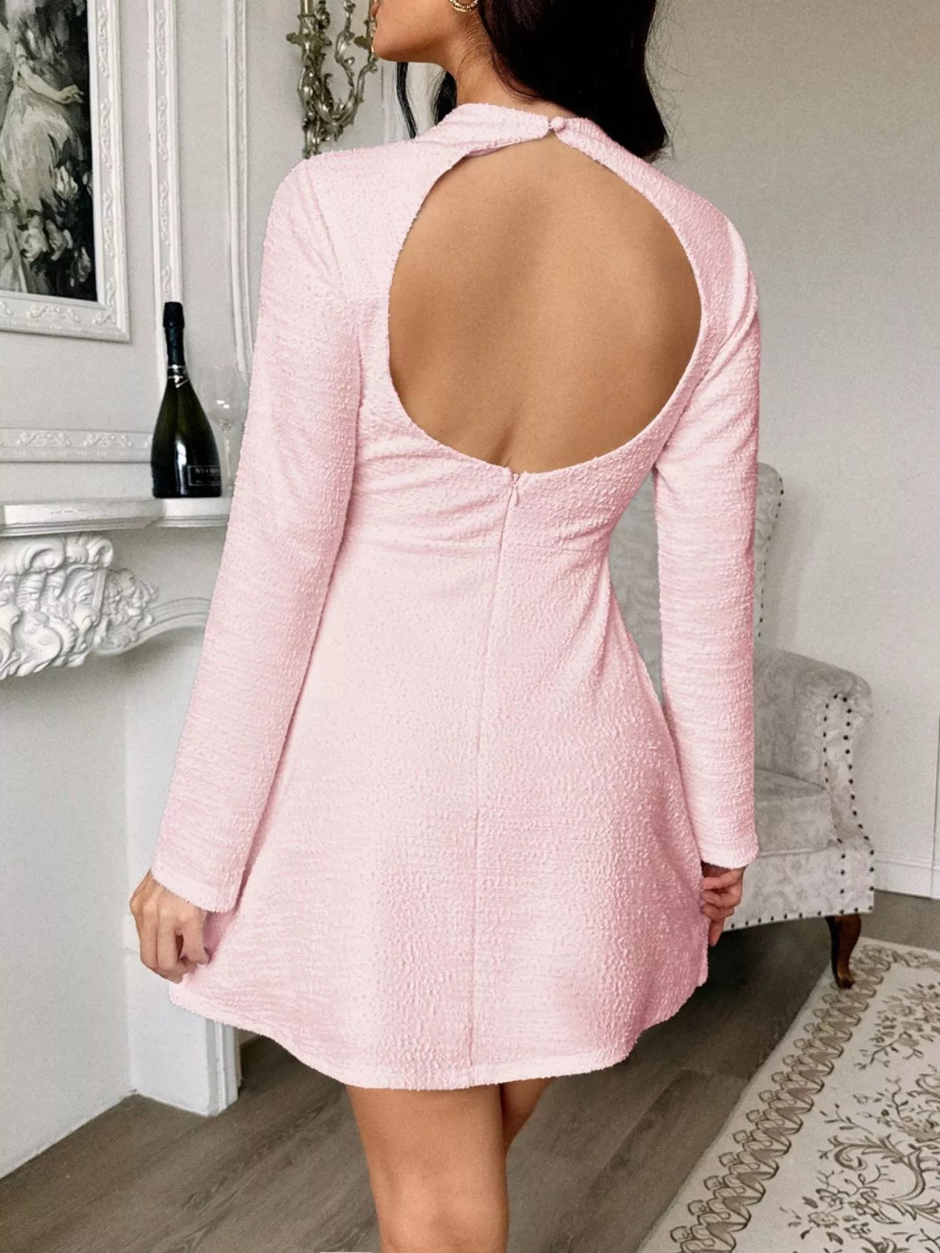 Cutout Back Long Sleeve Mini Dress OutfitFlow