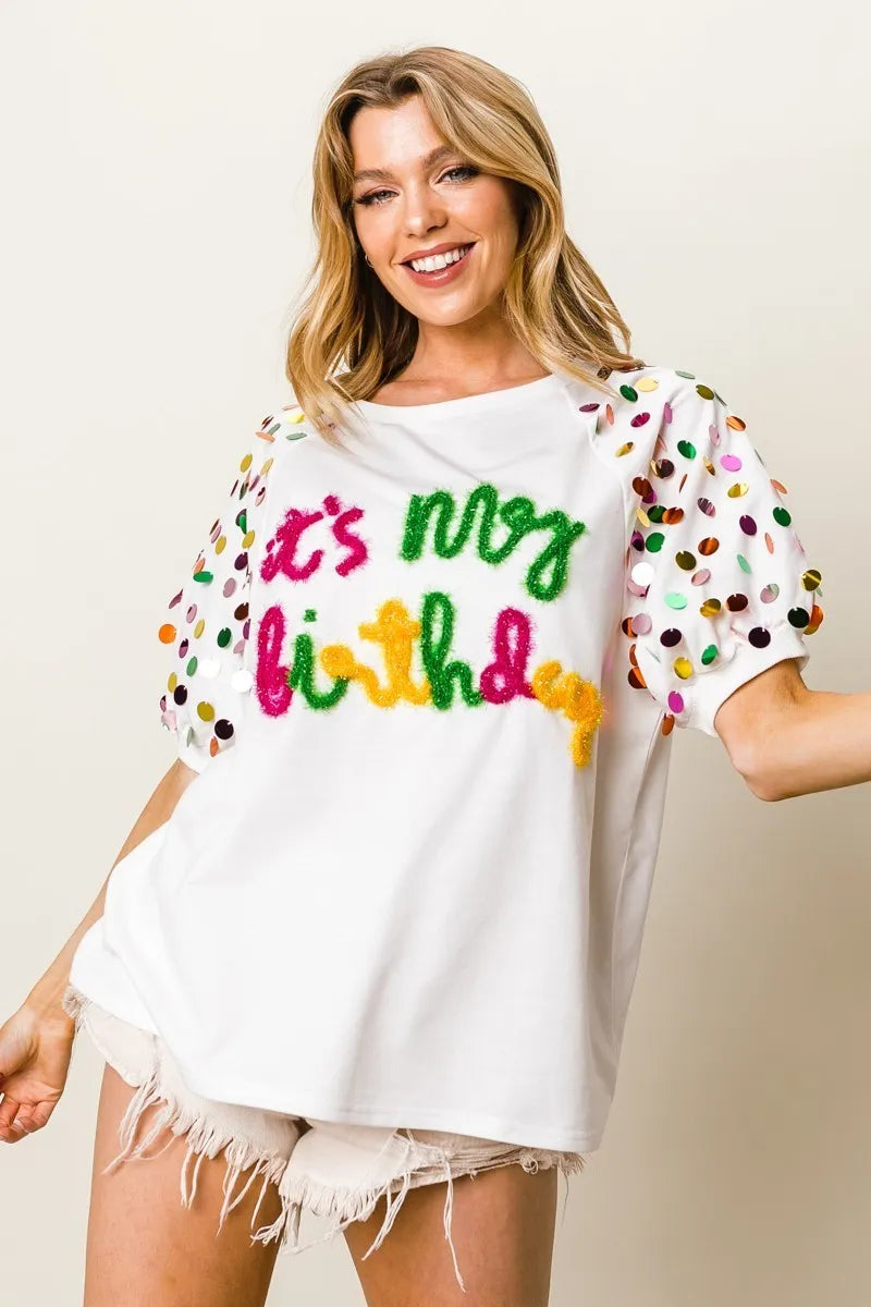 BiBi Metallic Letter Spangle Raglan Puff Sleeve Top OutfitFlow
