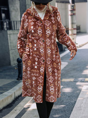 Geometric Button Down Hooded Fleece Coat Chocolate Trendsi
