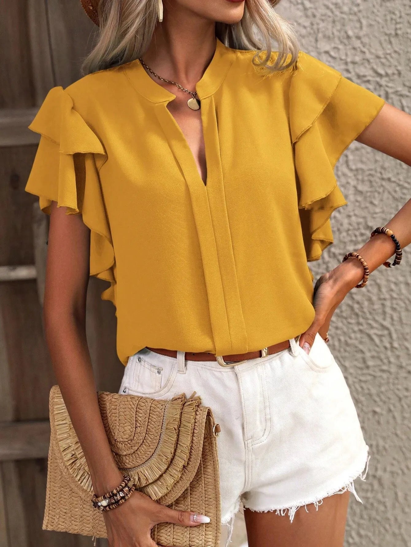 Ruffle Sleeve Notched Blouse Gold OutfitFlow