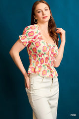 Umgee Floral Smocked Peplum Blouse OutfitFlow