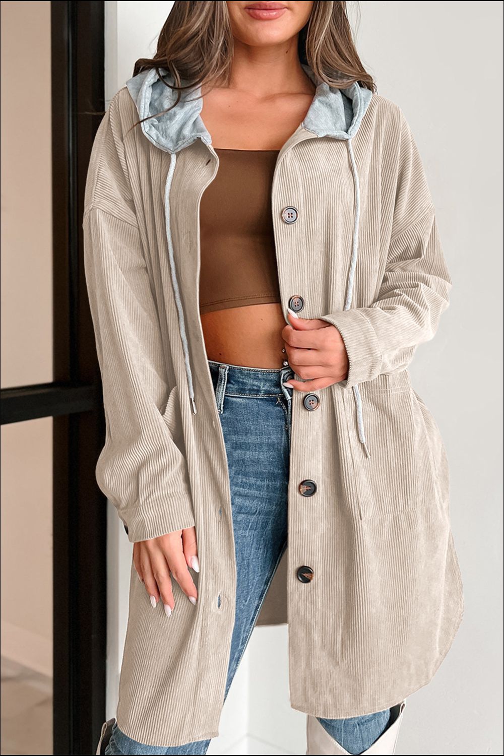 Outfit Flow - Drawstring Button Up Long Sleeve Hooded Jacket