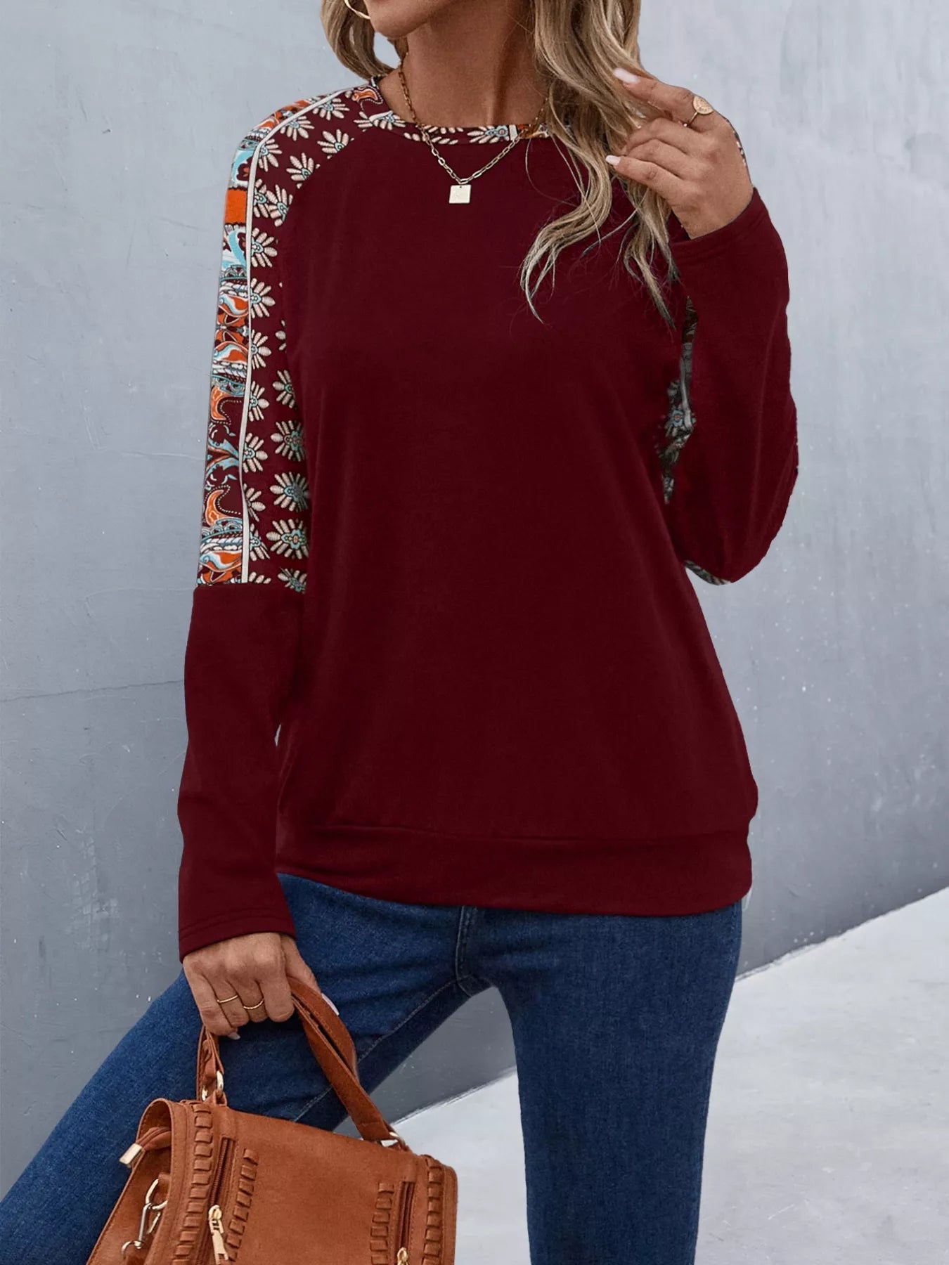 Printed Raglan Sleeve Round Neck T-Shirt Trendsi