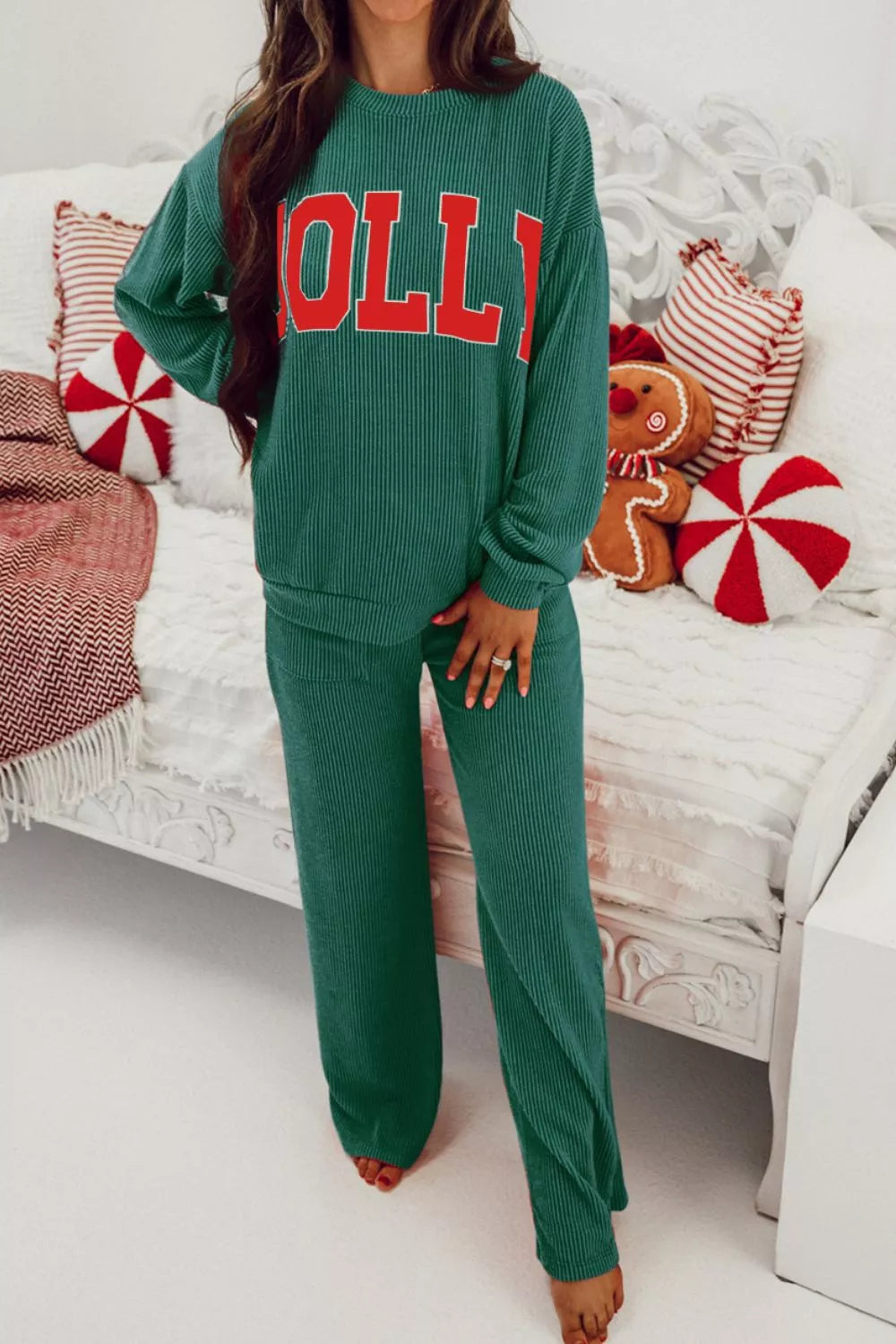 Jolly Christmas Top and Drawstring Pants Set OutfitFlow