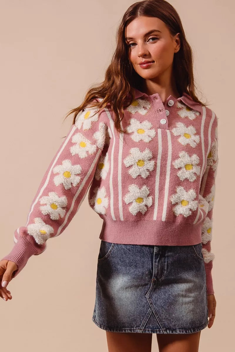 SO ME Floral Stripe Polo Collar Sweater MAUVE IVORY Trendsi