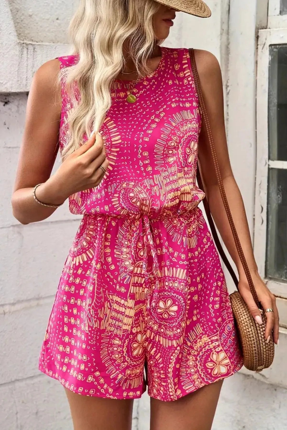 Boho Floral Print Sleeveless Summer Romper Hot Pink OutfitFlow