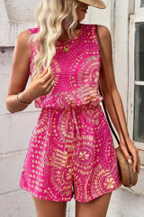 Boho Floral Print Sleeveless Summer Romper Hot Pink OutfitFlow