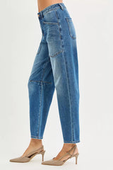 RISEN 4 Way Stretch Mid Rise Barrel Jeans with Patch Pocket Detail OutfitFlow