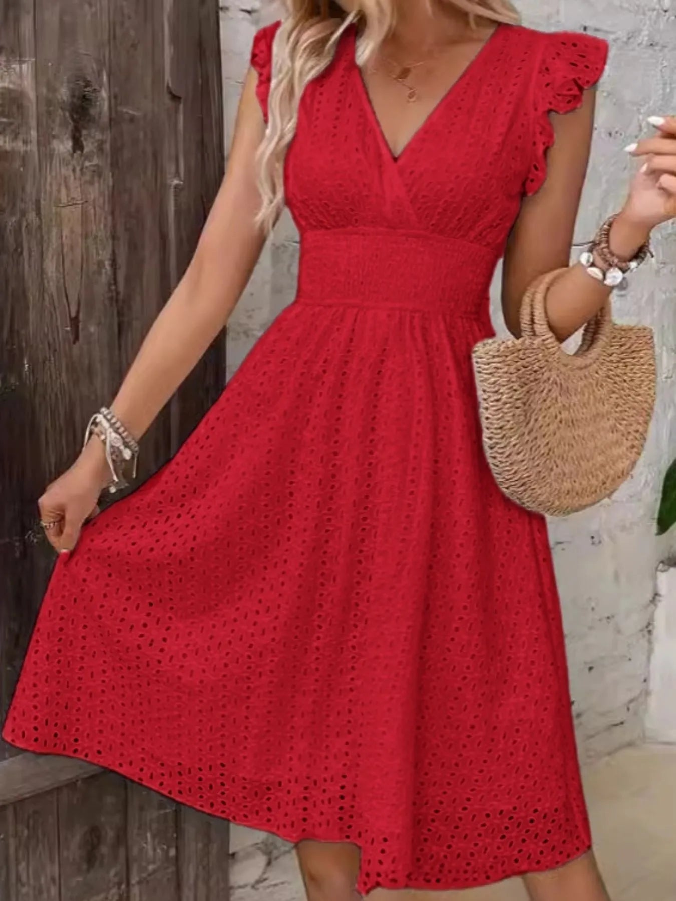 Eyelet Ruffled Cap Sleeve Mini Dress OutfitFlow