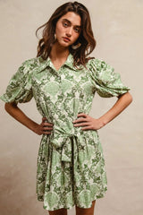 BiBi Tied Floral Short Sleeve Mini Shirt Dress OutfitFlow