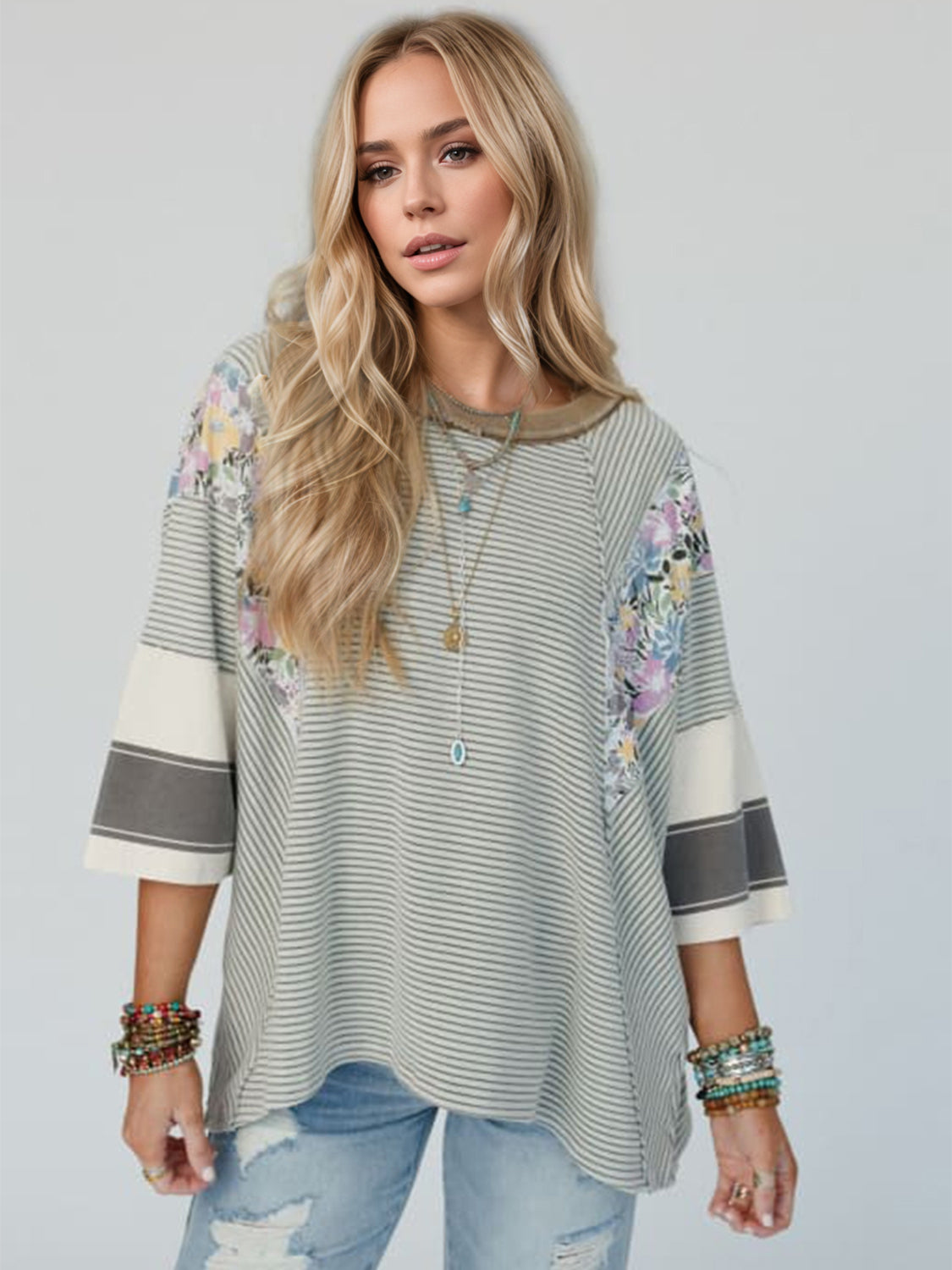 Outfit Flow - Color Block Printed Three-Quarter Sleeve Top