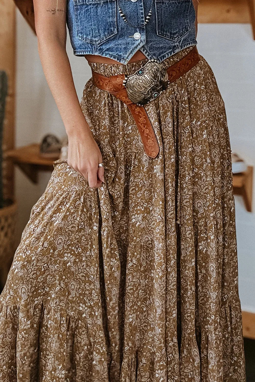 Floral Print Tiered Maxi Skirt OutfitFlow