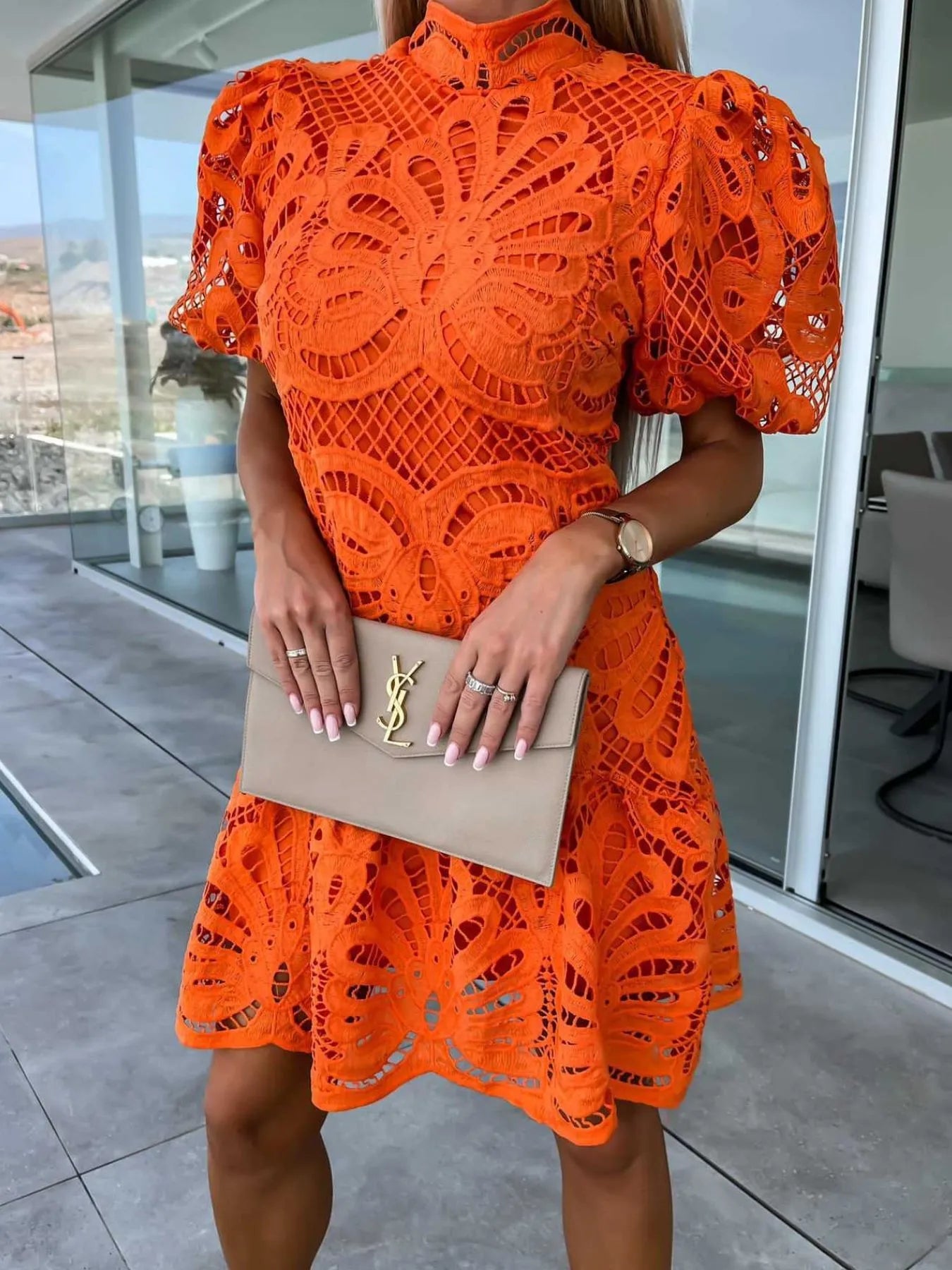 Lace Mock Neck Puff Sleeve Dress OutfitFlow