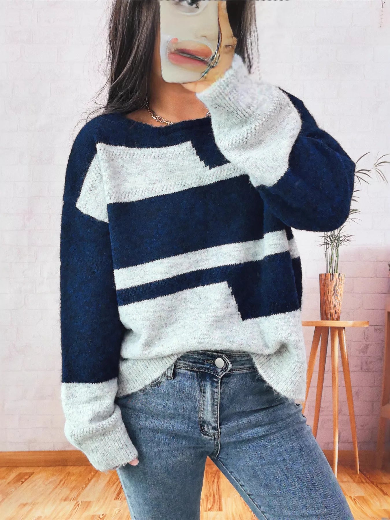 Color Block Round Neck Sweater Navy One Size OutfitFlow