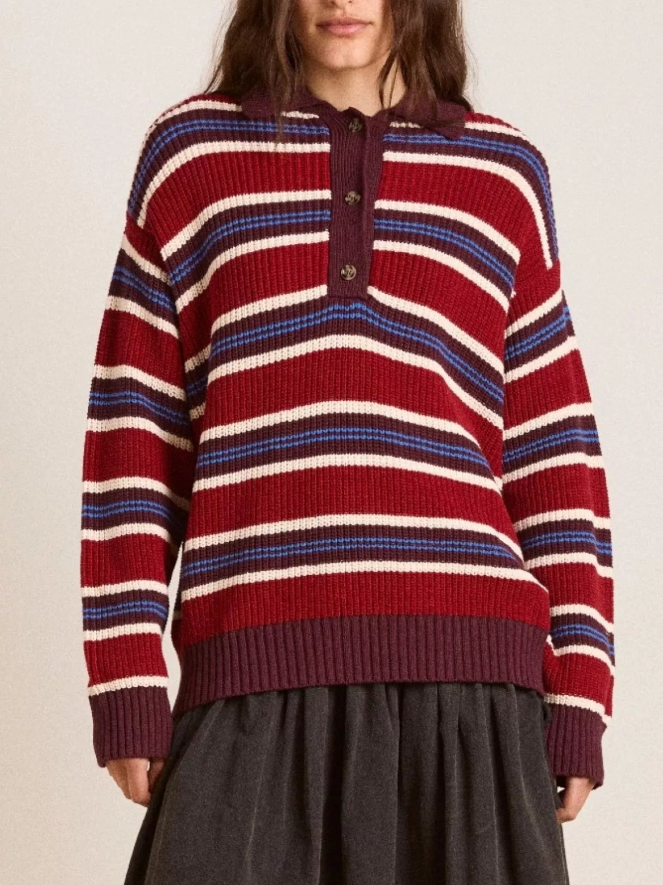 Striped Button Detail Polo Collar Sweater OutfitFlow