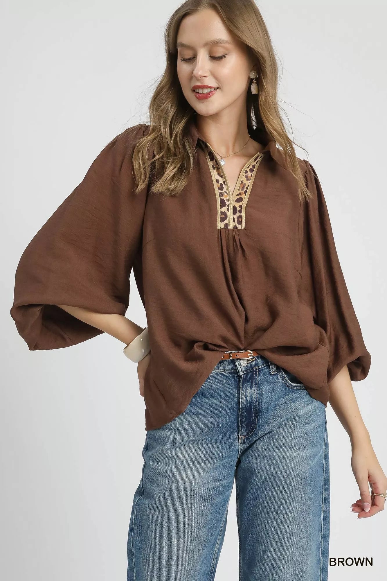 Umgee Long Sleeve Blouse with Leopard Print Trim OutfitFlow