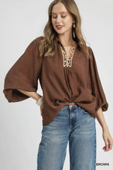 Umgee Long Sleeve Blouse with Leopard Print Trim OutfitFlow