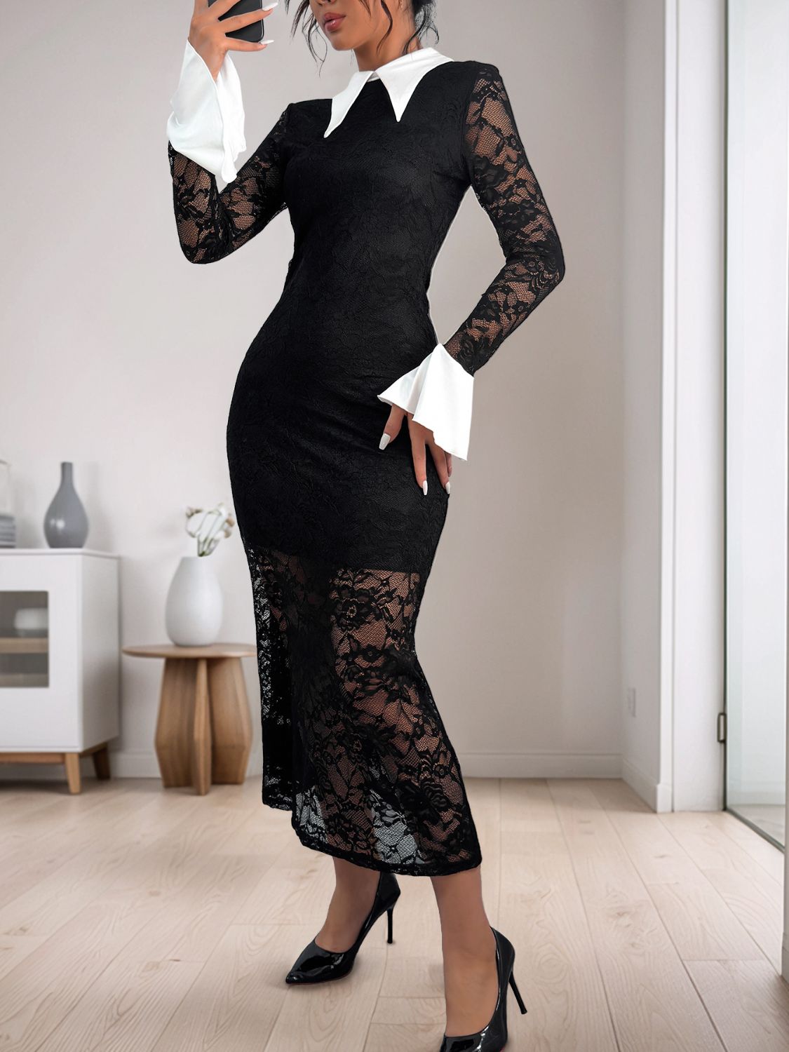 Outfit Flow - Perfee Lace Contrast Collared Neck Long Sleeve Midi Dress