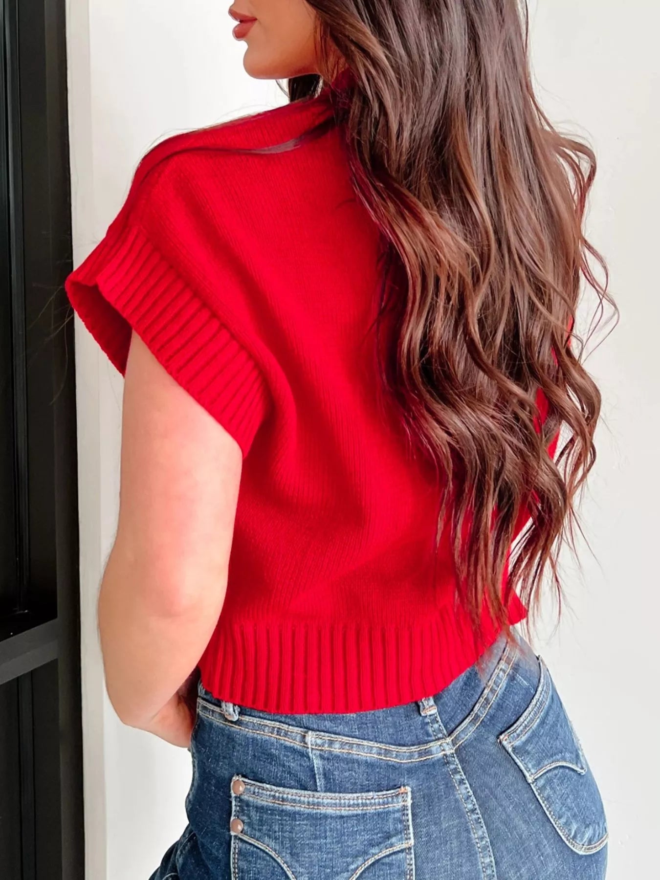 Heart Ribbed Hem Short Sleeve Sweater Trendsi