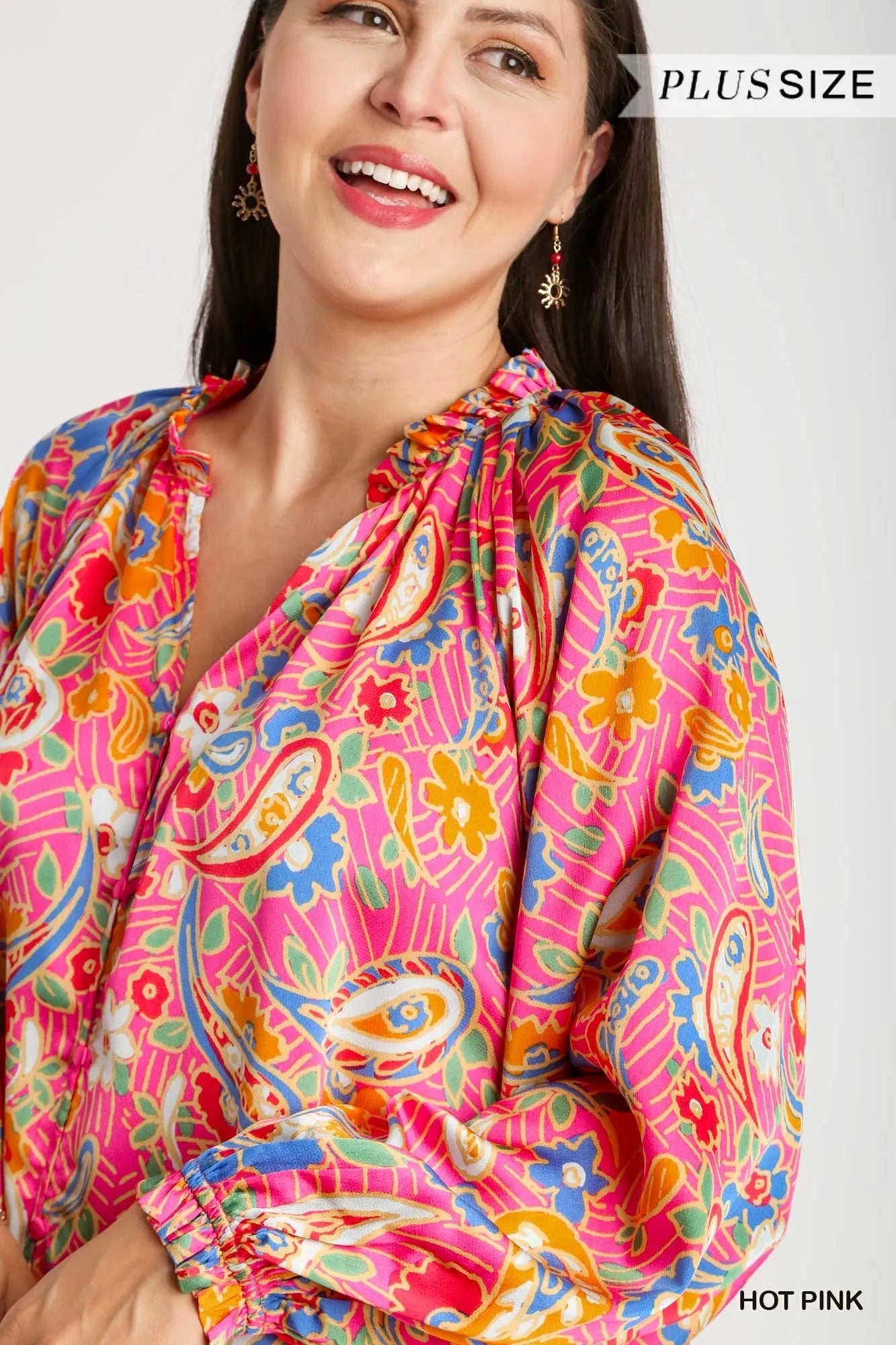 Umgee Full Size Satin Paisley Ruffle Neck Button-Up Shirt Plus Size Trendsi
