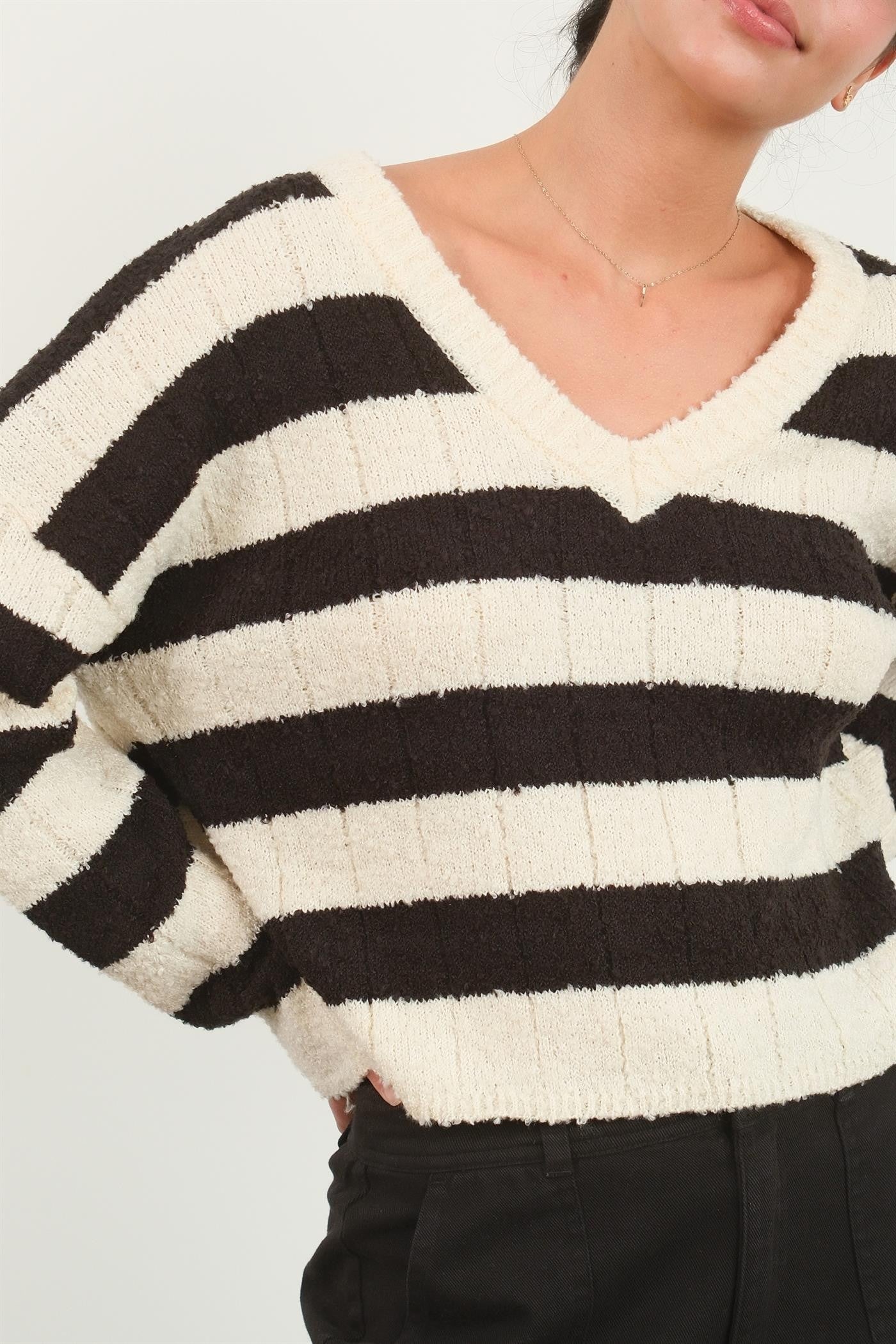 Outfit Flow - HYFVE Contrast Striped Cropped V-Neck Sweater