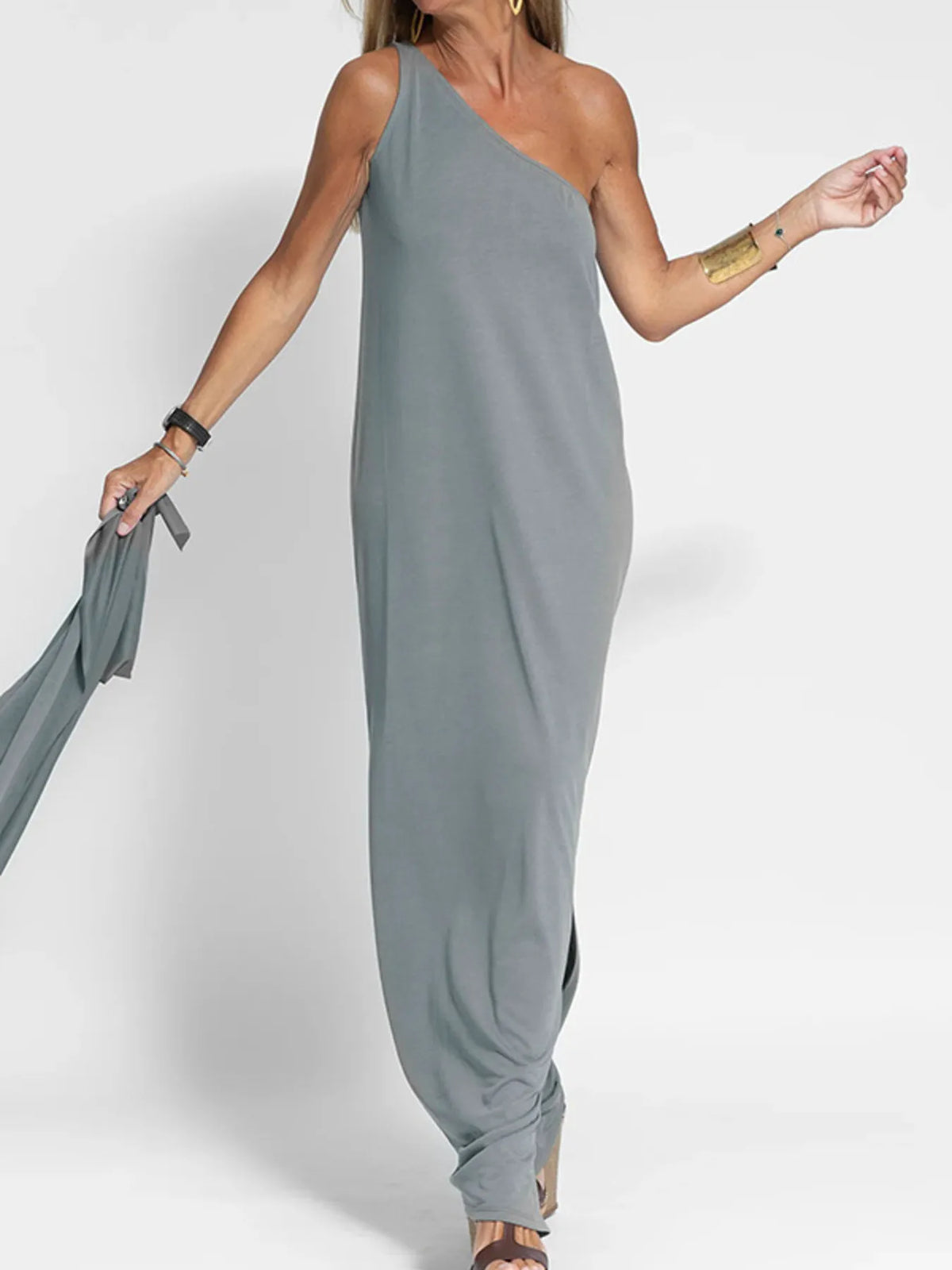 One-Shoulder Maxi Dress with Side Slit Grey OutfitFlow