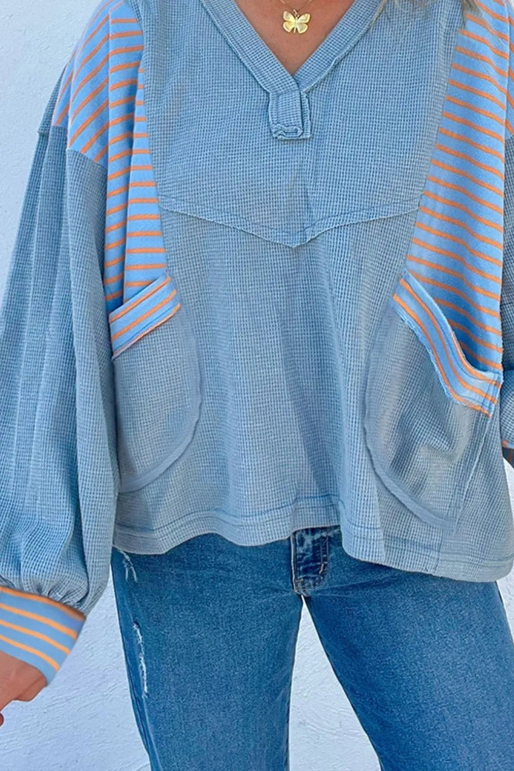 Striped Long Sleeve V-Neck Oversized Sweatshirt OutfitFlow