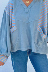 Striped Long Sleeve V-Neck Oversized Sweatshirt OutfitFlow