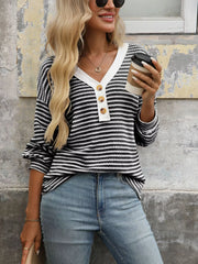 Striped Button Detail Long Sleeve T-Shirt Trendsi