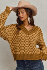 SO ME Color Block Textured Christmas Sweater V Neck Top OutfitFlow