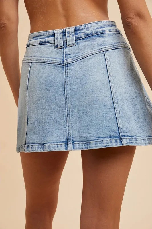 Annie Wear Button Detail Stretch Denim Wrap Mini Skort OutfitFlow