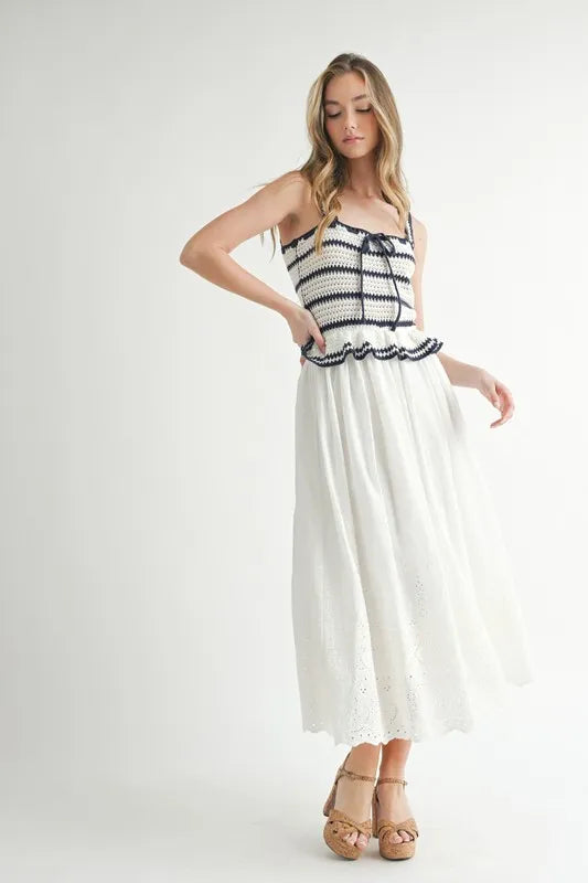 MABLE Crochet Stripe Knit Eyelet Mix Midi Dress OutfitFlow