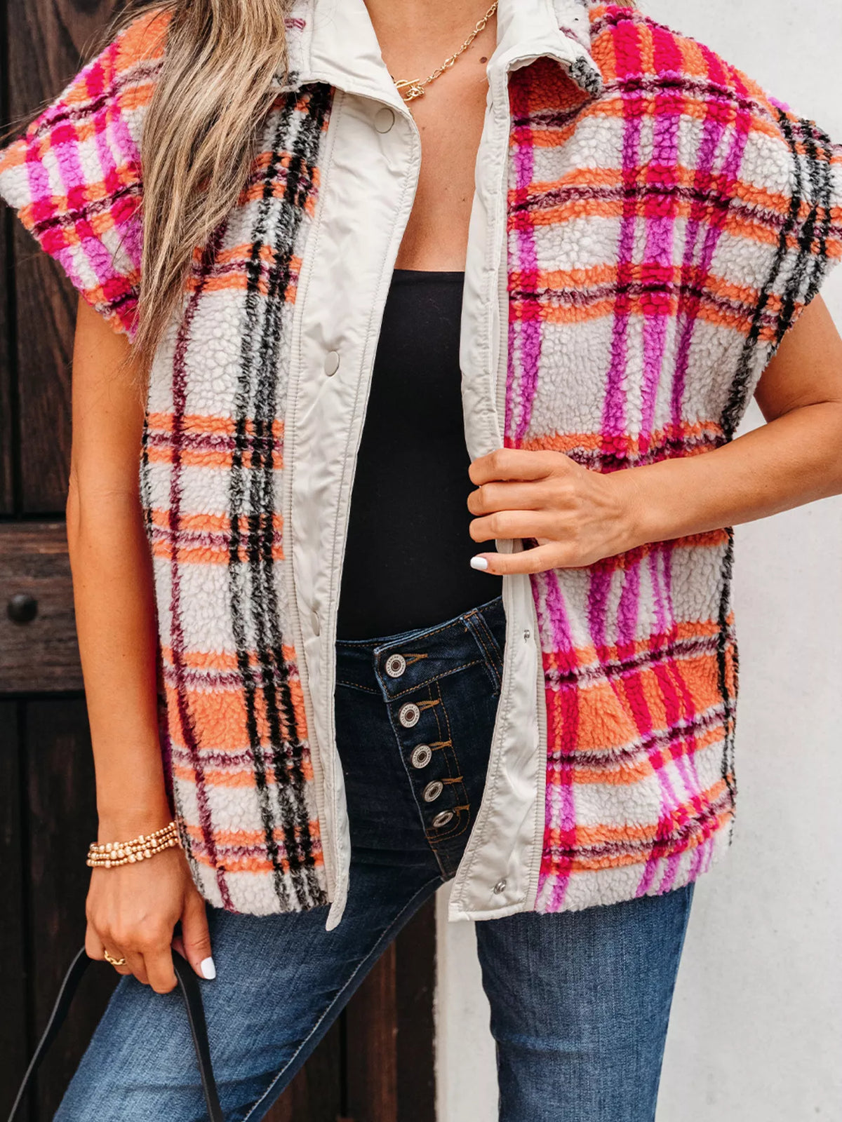 Sherpa Plaid Snap Down Vest Coat Fuchsia Pink Trendsi