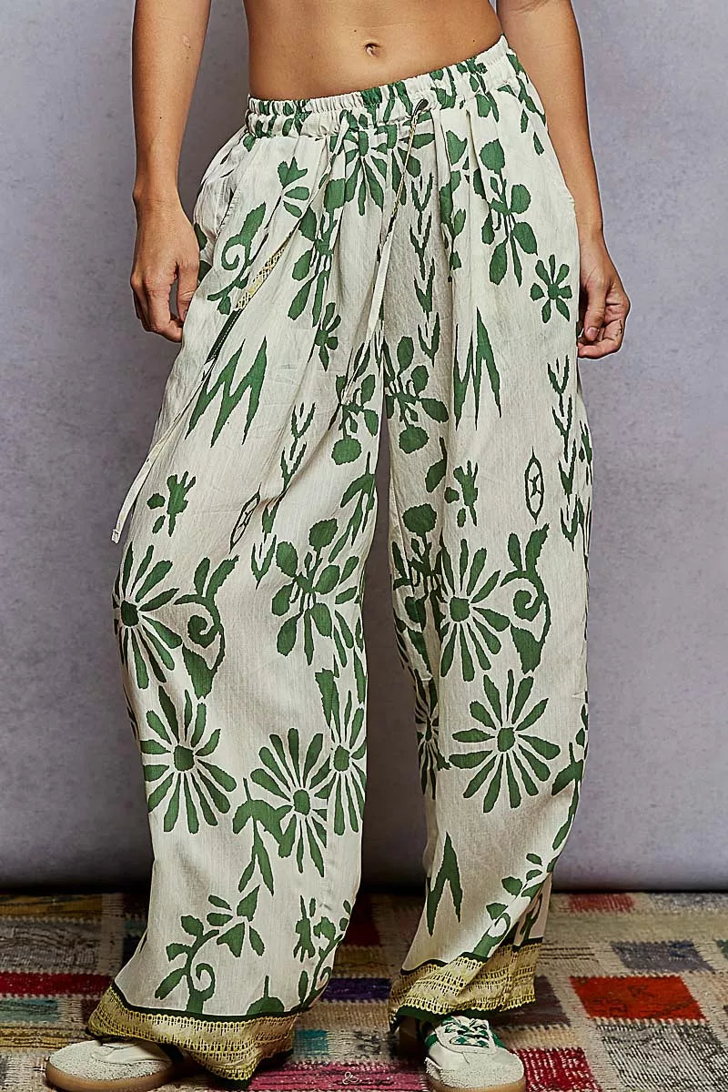 POL Floral Printed Woven Wide Leg Drawstring Pants IVORY GREEN FLORA OutfitFlow