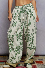 POL Floral Printed Woven Wide Leg Drawstring Pants IVORY GREEN FLORA OutfitFlow