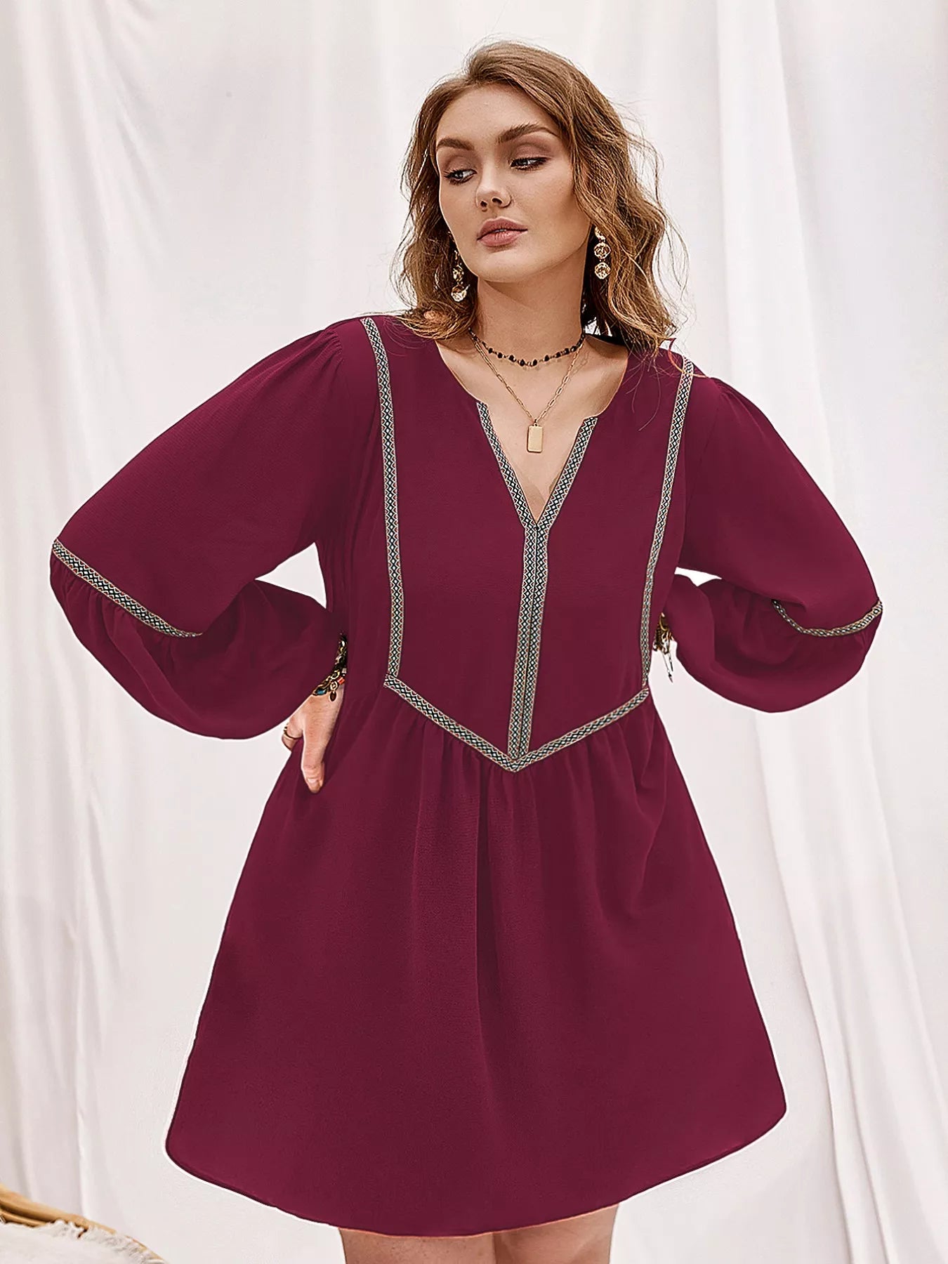 Plus Size Notched Balloon Sleeve Mini Dress OutfitFlow