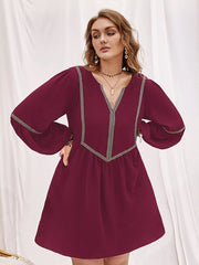 Plus Size Notched Balloon Sleeve Mini Dress OutfitFlow