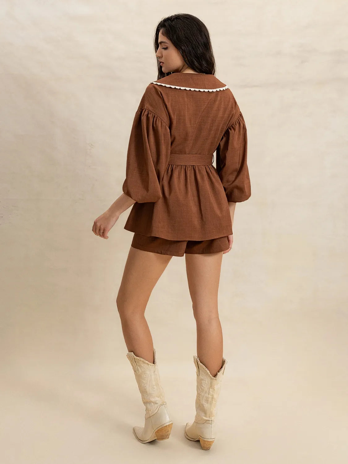 Peter Pan Collar Balloon Sleeve Top and Shorts Set OutfitFlow