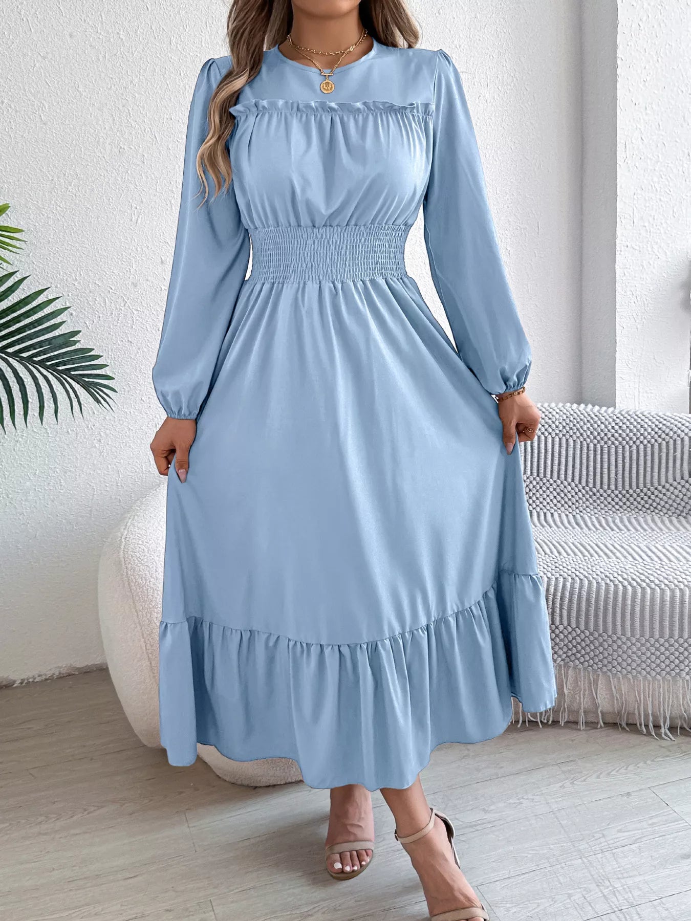 Round Neck Balloon Sleeve Tiered Dress OutfitFlow