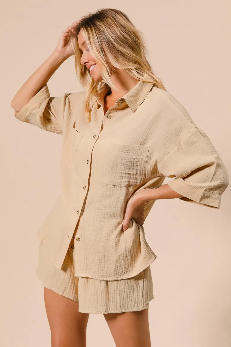BiBi Crinkle Gauze Shirt and Short Set OutfitFlow