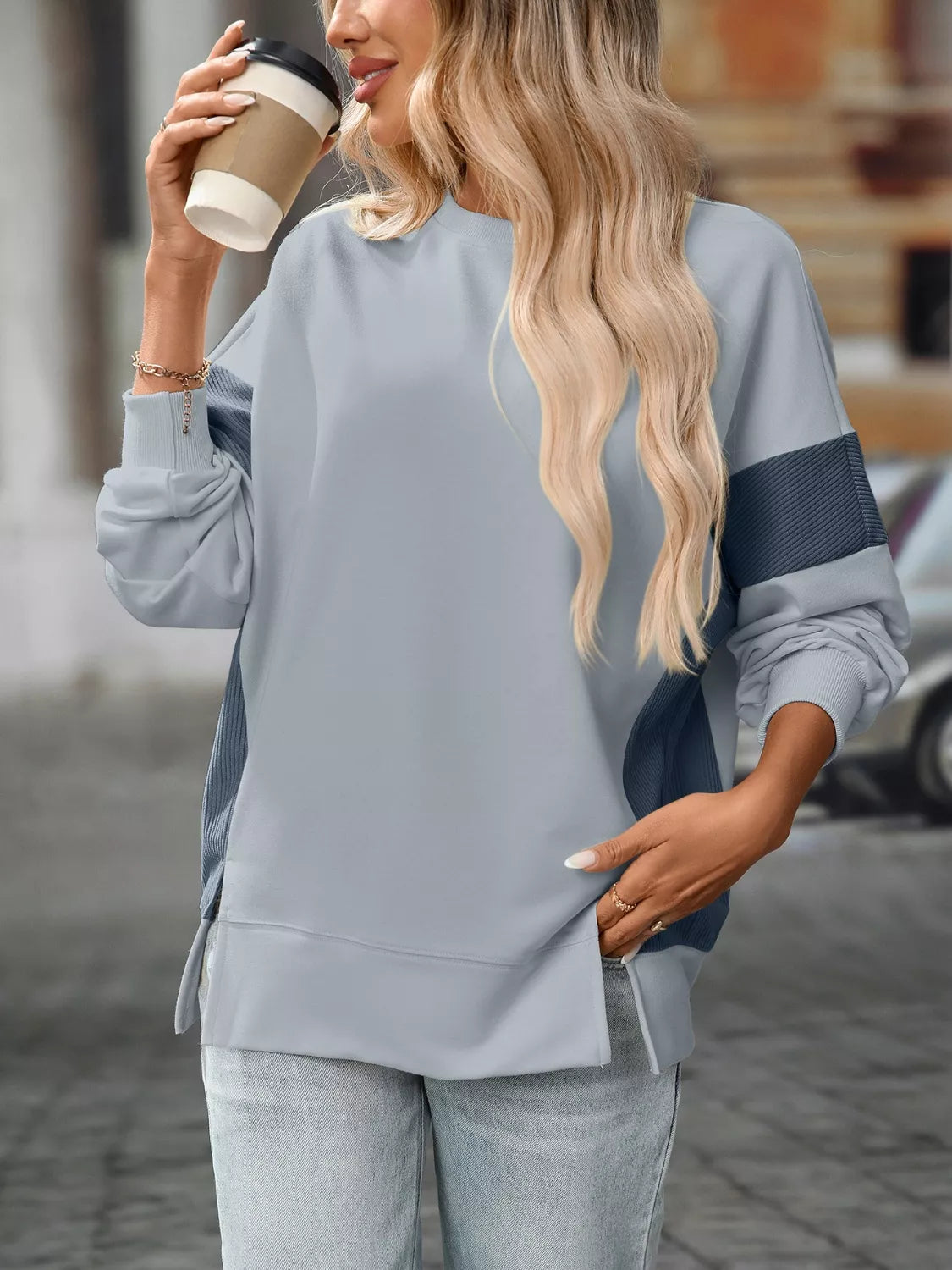 Side Slit Round Neck Sweatshirt OutfitFlow