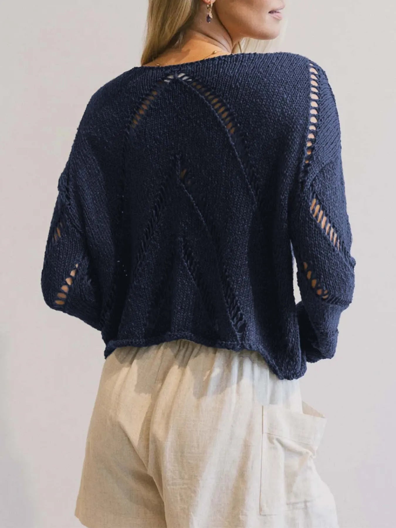 Openwork Boat Neck Long Sleeve Sweater OutfitFlow