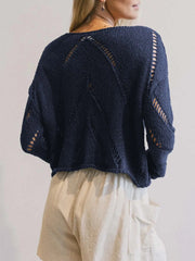 Openwork Boat Neck Long Sleeve Sweater OutfitFlow
