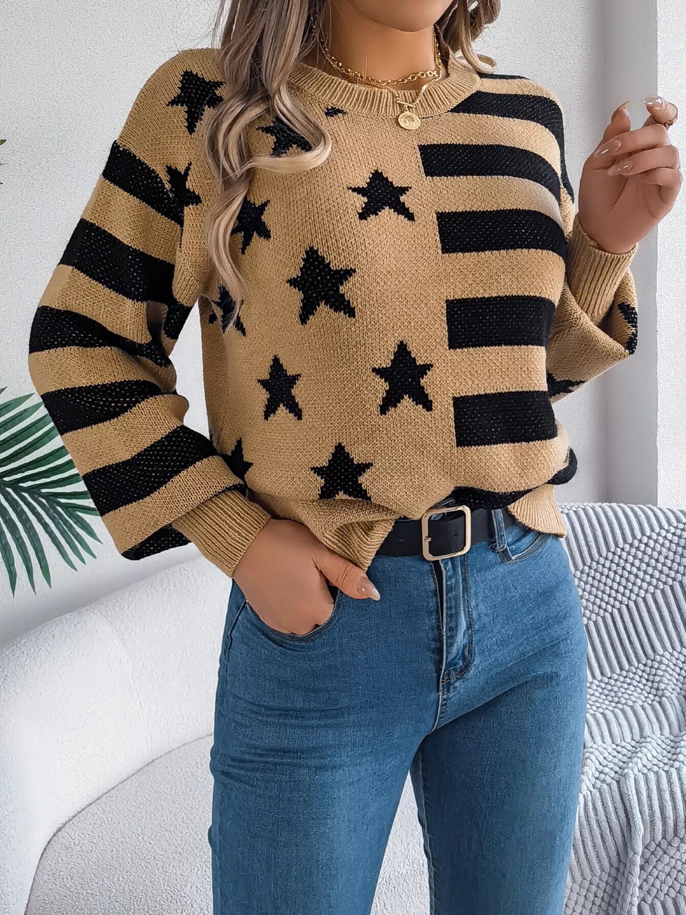 Stars and Stripes Pattern Casual Round Neck Sweater Khaki OutfitFlow
